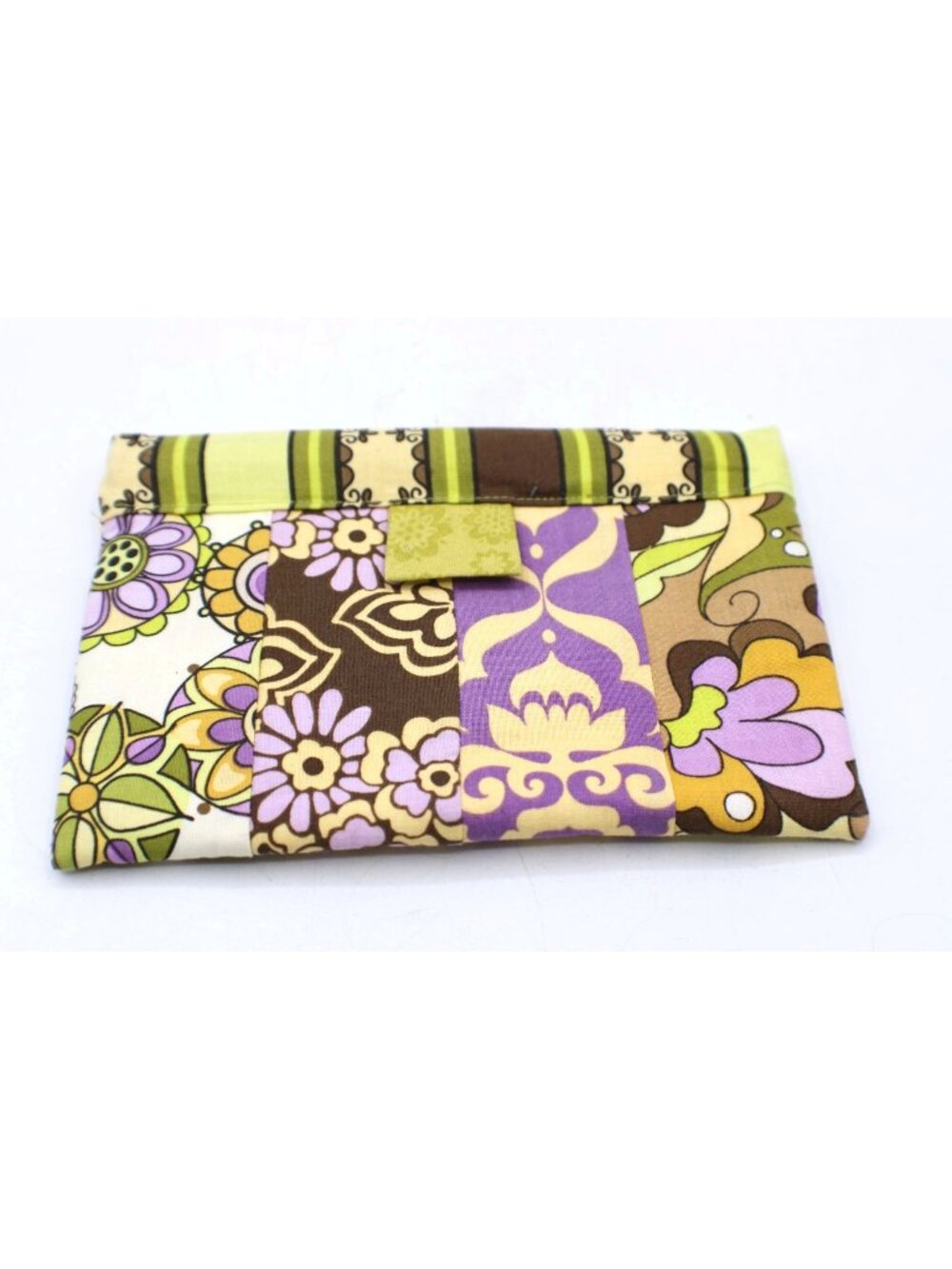 Floral Fabric Pouch Case Handmade Squeeze Close Compact Design Green Purple Vtg